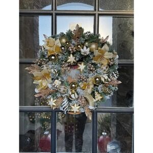 Elegant Gold Christmas Wreath Frosted Pine Poinsettia Ornaments Bells Door Decor